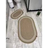 Jüt Hasır 2li Banyo Paspas Takımı-Bej Ortası Aralıklı Beyaz - 2