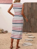 Kadın Yuvarlak Yaka Kolsuz Yandan Yırtmaçlı Midi Uzun Elbise thumbnail 3