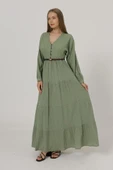 Önü Yarım Düğmeli Uzun Kol Kemerli Elbise - Haki thumbnail 2