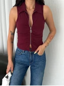 Yakalı Tam Fermuarlı Kolsuz Bluz - Bordo thumbnail 1