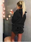 Kadın Uzun Kollu Meow Kedi Nakışlı Kapşonlu Peluş Sweat Ve Short Ikili Takım thumbnail 1