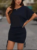 Kadın Kısa Kollu Bisiklet Yaka Yanlardan Büzgülü Kısa Viskon Elbise thumbnail 4