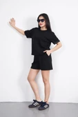 Osy Modal Yumuşak Dokulu Kumaş Bisiklet Yaka T-shirt Kısa Şort İkili Takım - Siyah thumbnail 2