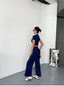 Osy Modal Yumuşak Dokulu Kumaş Kısa Kollu Crop Alt Ispanyol Paça Pantalon Ikili Takım - Lacivert thumbnail 1