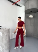 Osy Modal Yumuşak Dokulu Kumaş Kısa Kollu Crop Alt Ispanyol Paça Pantalon Ikili Takım - Bordo thumbnail 1