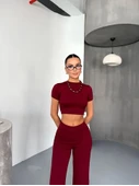 Osy Modal Yumuşak Dokulu Kumaş Kısa Kollu Crop Alt Ispanyol Paça Pantalon Ikili Takım - Bordo thumbnail 4