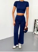 Osy Modal Yumuşak Dokulu Kumaş Kısa Kollu Crop Alt Ispanyol Paça Pantalon Ikili Takım - Lacivert thumbnail 4