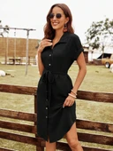 Kadın Kısa Kollu Yakalı önden Düğmeli Beli Kuşaklı Bürümcük Elbise thumbnail 3