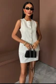 Uzun Yelek Mini Etek Flamlı Keten Takım 10148 - 7