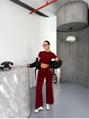 Osy Modal Yumuşak Dokulu Kumaş Kısa Kollu Crop Alt Ispanyol Paça Pantalon Ikili Takım - Bordo thumbnail 2