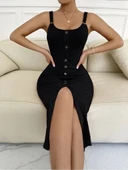 Kadın Kolsuz Askı Halka Detay önü Düğmeli Midi Boy Yırtmaçlı Fitilli Kaşkorse Elbise thumbnail 1