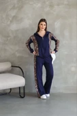 Osy Modal Yumuşak Dokulu Kumaş Kapüşonlu Leopar Desenli Fermuarlı Takım - Lacivert thumbnail 3