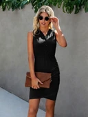 Kadın Kolsuz V Yaka Düğme Detay Beli Lastikli Eteği Kruvaze Viskon Elbise thumbnail 4