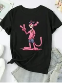 Pembe Panter Baskılı Oversize Bisiklet Yaka T-shirt - Beyaz thumbnail 2
