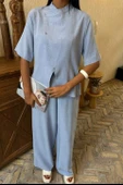Hakim Yaka Çapraz Düğmeli Plazzo Pantolon Viscon Keten Takım 10091 thumbnail 6