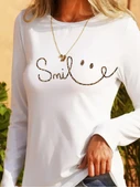 Kadın Uzun Kollu Bisiklet Yaka Gülümseyen Surat Desenli Viskon Bluz thumbnail 2