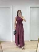 Kolsuz Göğüs Lastıklı Uzun Elbise - Bordo thumbnail 3