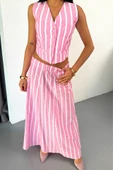 KETEN ÇİZGİLİ YELEK - UZUN ETEK TAKIM - Pembe thumbnail 4