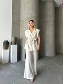 Keten Sıfır Kol Kuşaklı Ceket Pantolon Ikili Takım - Beyaz thumbnail 3