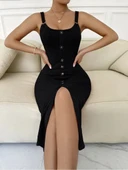 Kadın Kolsuz Askı Halka Detay önü Düğmeli Midi Boy Yırtmaçlı Fitilli Kaşkorse Elbise thumbnail 3