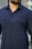 Erkek Pamuklu Çizgi Desenli Cep Detaylı Gömlek thumbnail 3