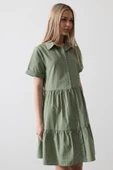 Kısa Kol Düğmeli Elbise - Haki thumbnail 3