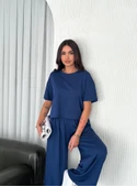 Osy Modal Yumuşak Dokulu Kumaş Bisiklet Yaka T-shirt Bol Paça Pantalon Ikili Takım -Saks Mavi thumbnail 2
