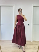 Arkası Kanatlı Uzun Elbise- Bordo thumbnail 2