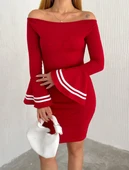 Kadın Akrilik Kumaş Ispanyol Kol Madonna Yaka Mini Elbise thumbnail 1