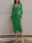 Kadın Uzun Kollu önden Düğmeli Beli Kuşaklı Aerobin Midi Elbise thumbnail 2
