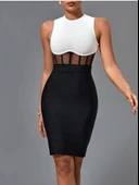 Kadın Bisiklet Yaka Kolsuz çift Renk Ve Bel Transparan Korse Detay Midi Boy Elbise thumbnail 1