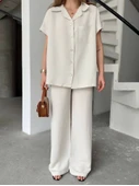 Keten Kısa Kollu Cepli Gömlek Pantolon Ikili Takım - Beyaz - 1