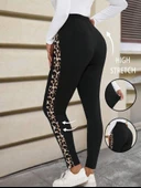 Kadın Yüksek Bel Yanları Leopar şerit Detay Dalgıç Tayt thumbnail 1