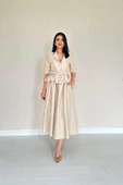 Bej İnce Kemerli Fırfırlı Ceket Ve Büzgülü Etek Takım thumbnail 1