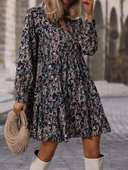 Kadın Uzun Kollu Hakim V Yakalı Desenli Volanlı Süprem Elbise thumbnail 5