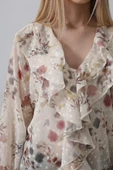 Volanlı Çiçek Desen Şifon Gömlek - Krem thumbnail 3