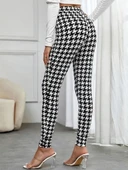 Kadın Yüksek Bel Kaz Ayağı Desenli Yan şerit Düğme Detaylı Dalgıç Pantolon thumbnail 5