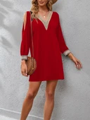 Kadın Uzun Kollu Yaka Ve Kol Manşet Güpürlü Detay Krep Mini Boy Elbise thumbnail 1