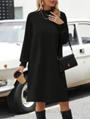 Kadın Uzun Kollu Balıkçı Yaka Kısa şardonlu Dalgıç Elbise thumbnail 4