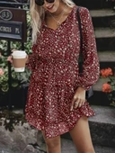Kadın Uzun Kollu V Yaka Bağcıklı Belden Gipeli çiçek Baskılı Kısa Süprem Elbise thumbnail 4
