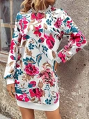 Kadın Uzun Kollu Bisiklet Yaka çiçek Baskılı şardonlu Dalgıç Elbise thumbnail 1
