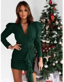 Kadın Uzun Kollu Kruvaze Yaka Karpuz Kol Eteği Fırfır Detay Krep Mini Elbise thumbnail 3