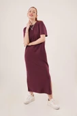 Yırtmaç Detaylı Kısa Kollu Salaş Maxi Bordo Elbise thumbnail 3