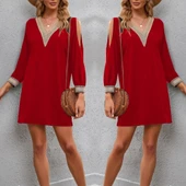 Kadın Uzun Kollu Yaka Ve Kol Manşet Güpürlü Detay Krep Mini Boy Elbise thumbnail 3