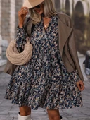 Kadın Uzun Kollu Hakim V Yakalı Desenli Volanlı Süprem Elbise thumbnail 1