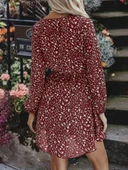 Kadın Uzun Kollu V Yaka Bağcıklı Belden Gipeli çiçek Baskılı Kısa Süprem Elbise thumbnail 3