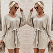 Kadın Uzun Kollu Fitilli şardonlu Detay Buklet Kuşaklı Yumoş Elbise thumbnail 3