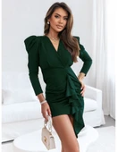 Kadın Uzun Kollu Kruvaze Yaka Karpuz Kol Eteği Fırfır Detay Krep Mini Elbise thumbnail 1