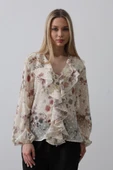 Volanlı Çiçek Desen Şifon Gömlek - Krem thumbnail 2