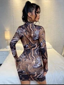 Kadın Uzun Kollu Balıkçı Yaka Desenli Dalgıç Elbise thumbnail 3